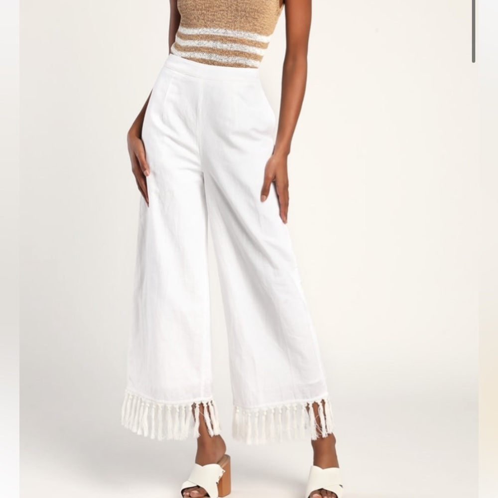 Lulu's White Wide-Leg Pants with Fringe Hem